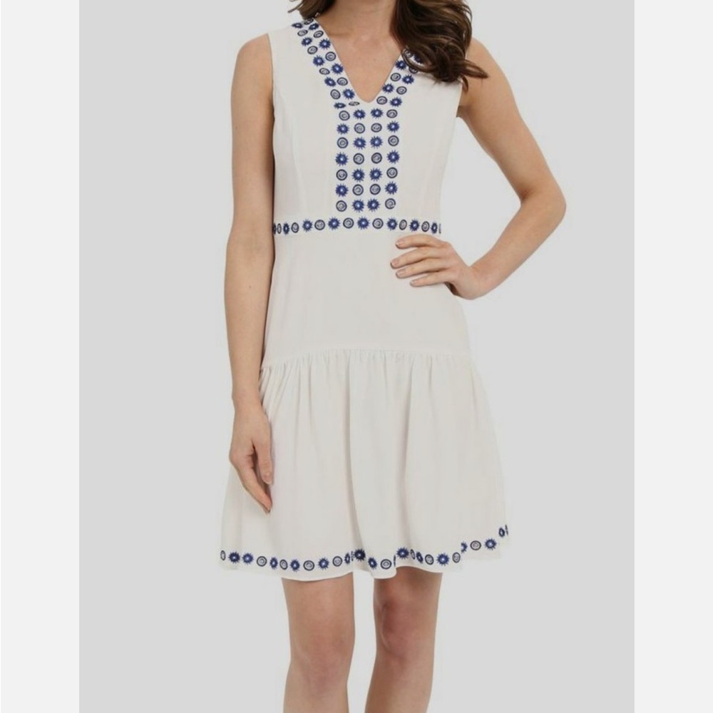 $145 Shoshanna Women's White Blue Isabel Sleeveless Zip Back Crepe Dress Size 4